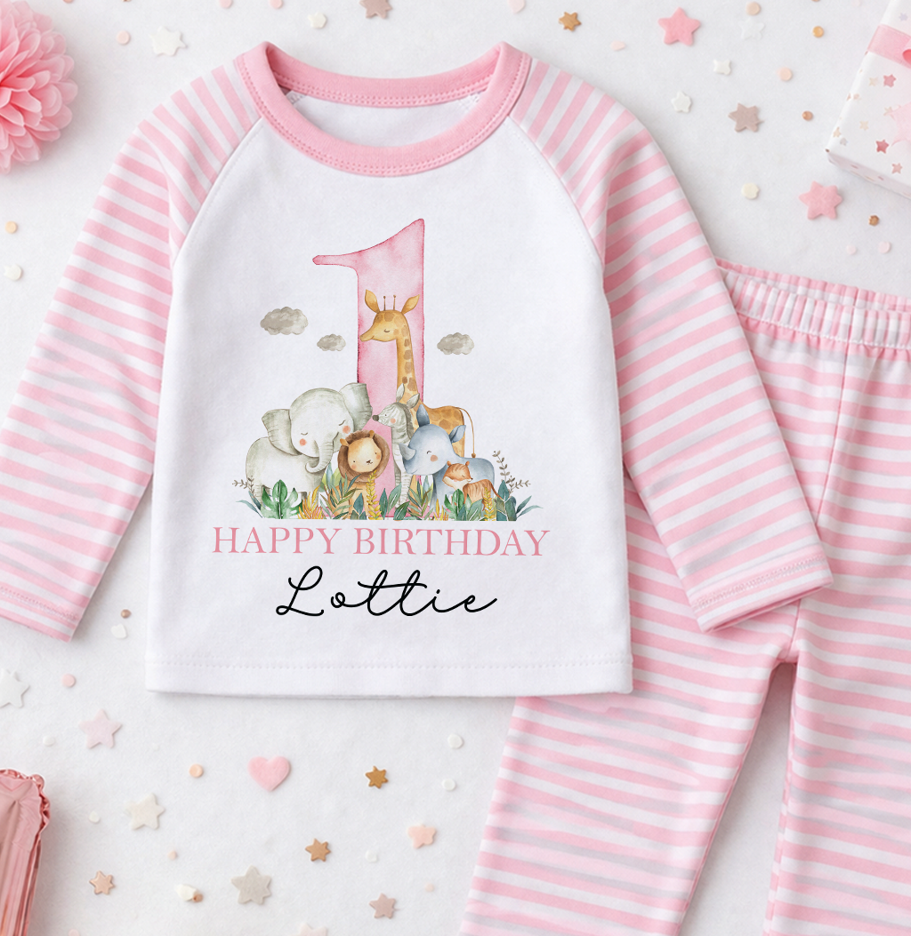 Personalised 1st birthday pyjamas, Pink Safari Animals design with name, pink and white striped