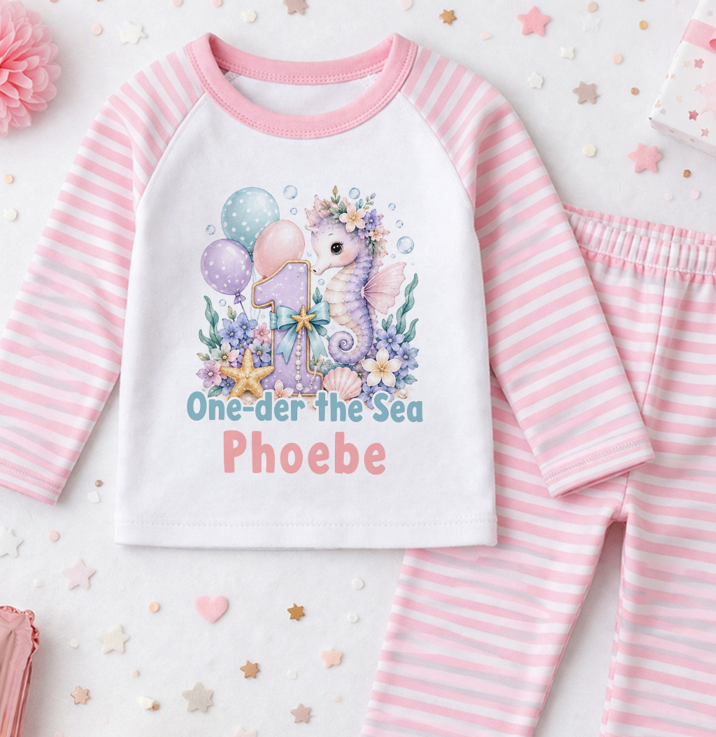 Personalised 1st birthday pyjamas, Seahorse One-der the Sea design with name, pink and white striped