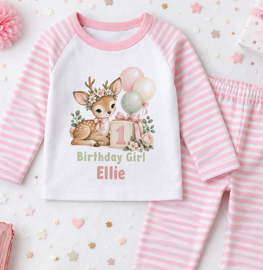 Personalised 1st birthday pyjamas, Woodland Deer Birthday Girl design with name, pink and white striped
