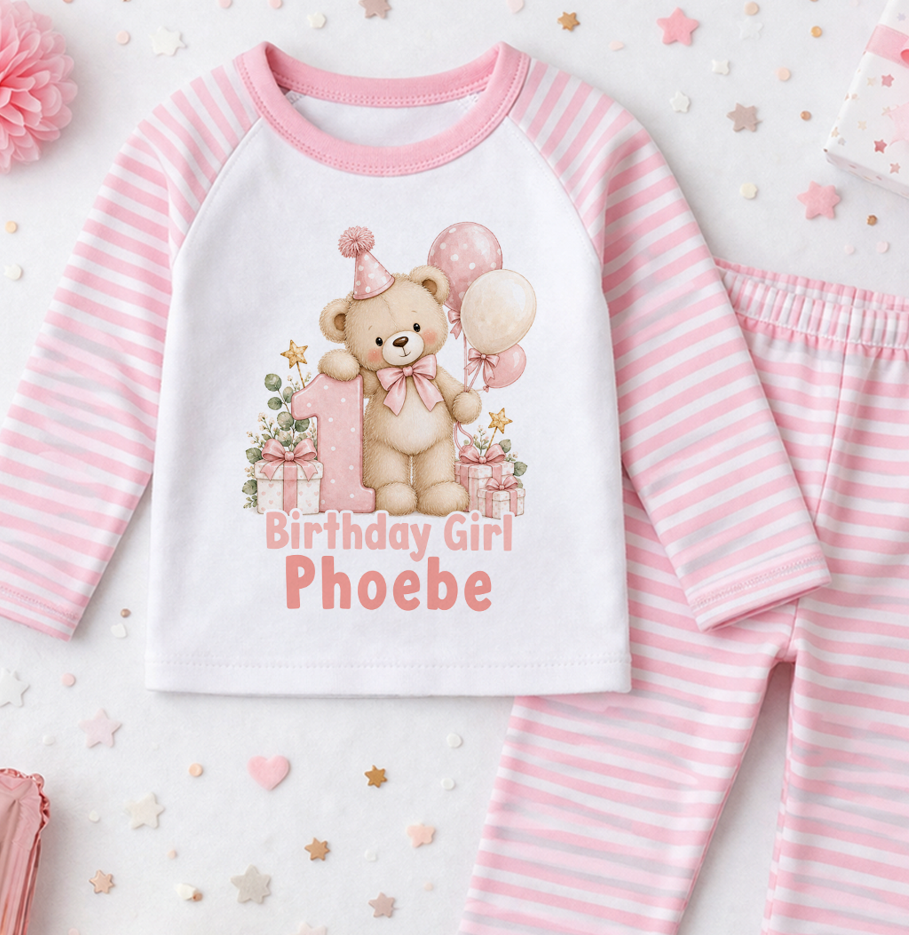 Personalised 1st birthday pyjamas, Pink Teddy Balloons Birthday Girl design with name, pink and white striped