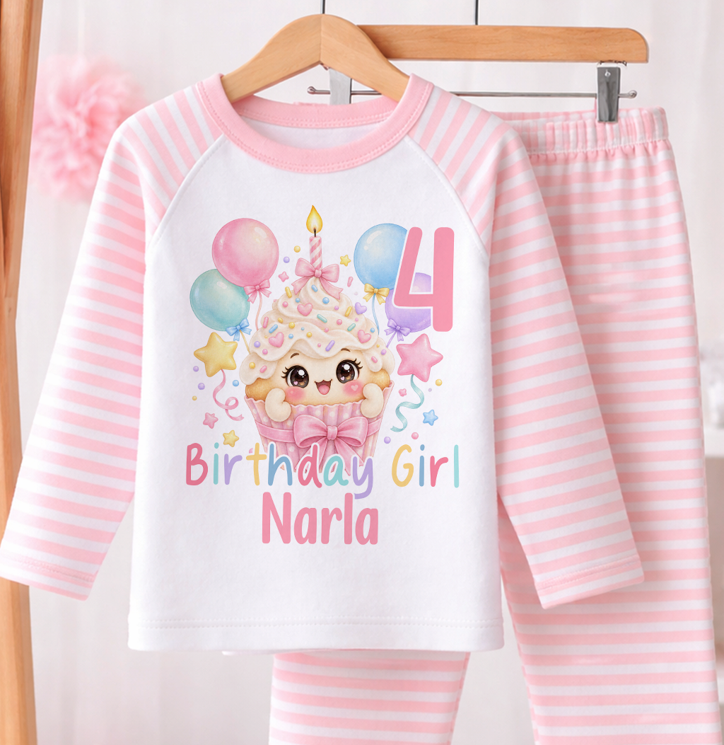Personalised birthday girl pyjamas, Kawaii Cupcake design with name and age, pink and white stripe