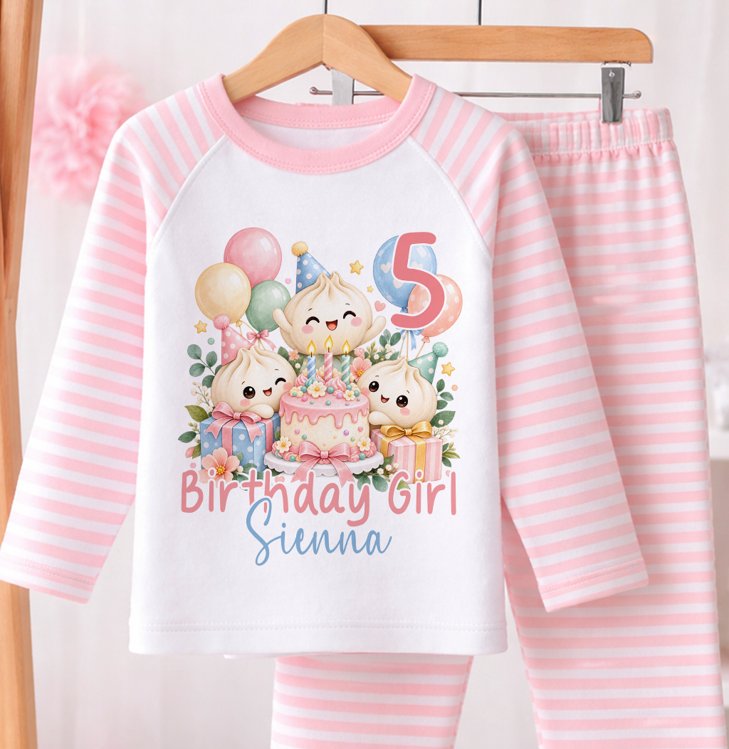 Personalised birthday girl pyjamas, Kawaii Dumplings design with name and age, pink and white stripe