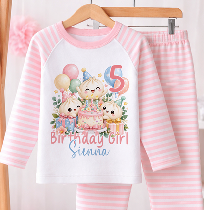 Personalised birthday girl pyjamas, Kawaii Dumplings design with name and age, pink and white stripe