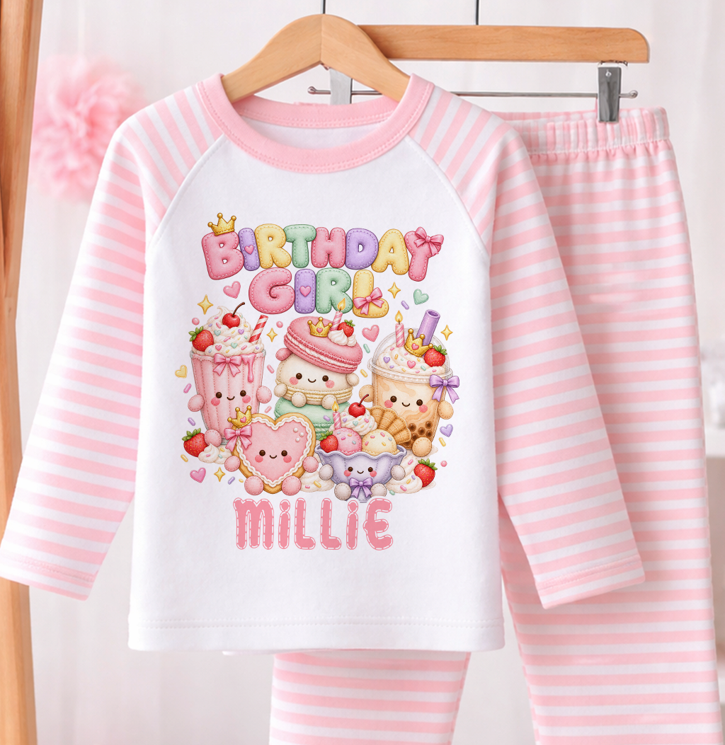 Personalised birthday girl pyjamas, Kawaii Sweet Treats design with name, pink and white stripe