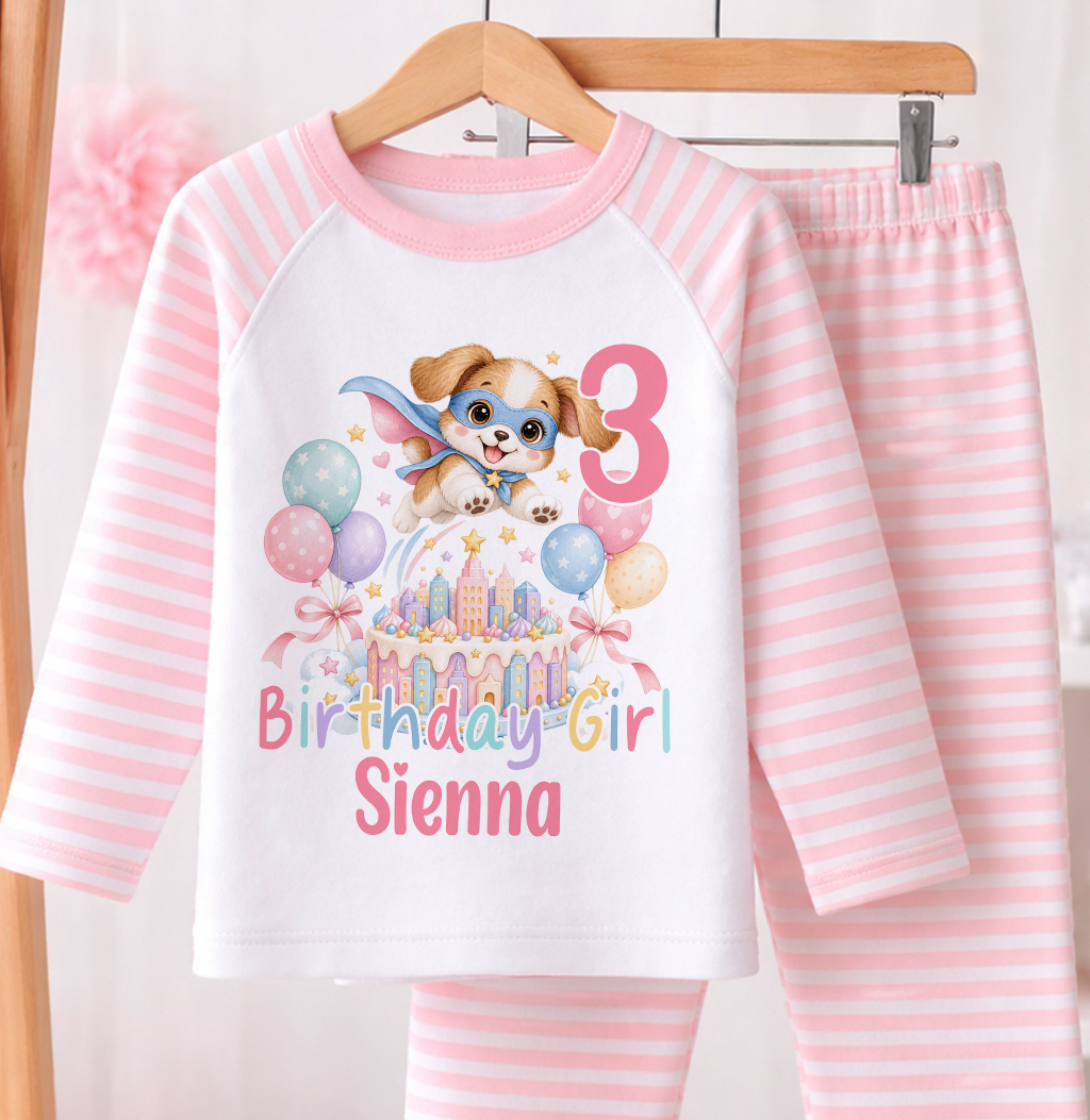 Personalised birthday girl pyjamas, Superhero Puppy design with name and age, pink and white stripe