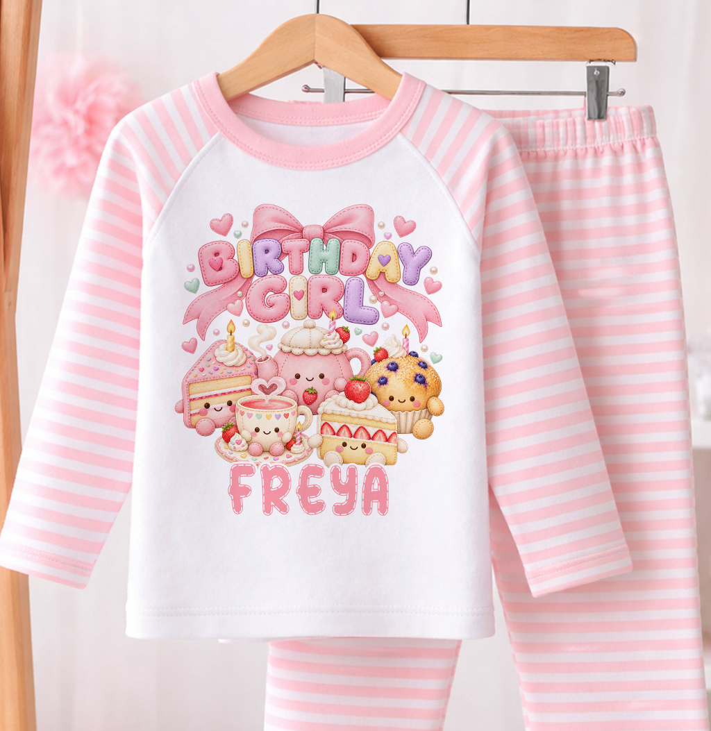 Personalised birthday girl pyjamas, Tea Party design with name, pink and white stripe