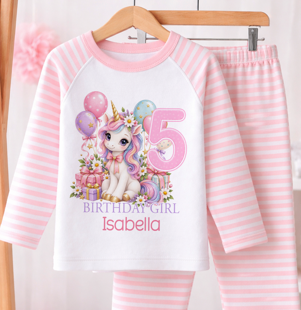 Personalised birthday girl pyjamas, Unicorn and Balloons design with name and age, pink and white stripe
