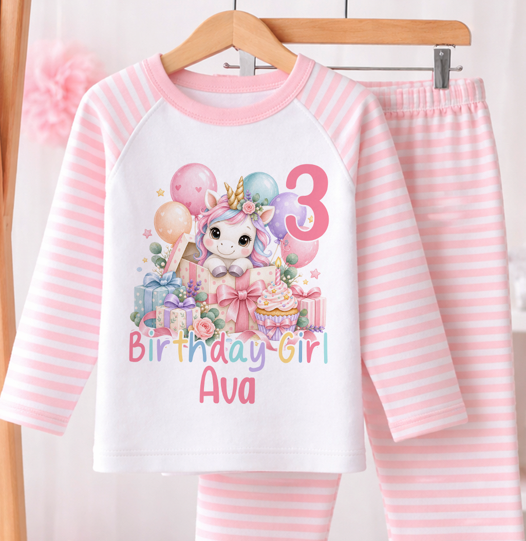 Personalised birthday girl pyjamas, Unicorn Gift Box design with name and age, pink and white stripe