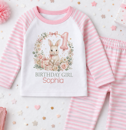 Personalised 1st birthday pyjamas, Bunny Floral Wreath Birthday Girl design with name, pink and white striped
