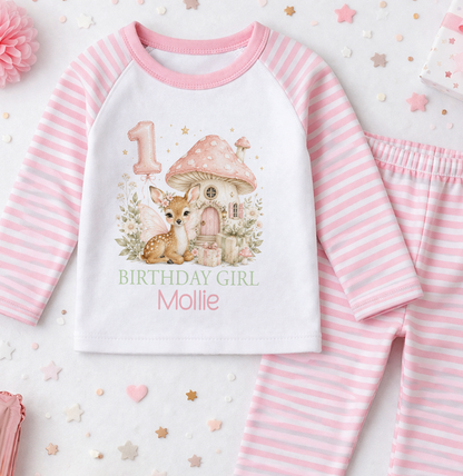 Personalised 1st birthday pyjamas, Fairy Deer Toadstool Birthday Girl design with name, pink and white striped