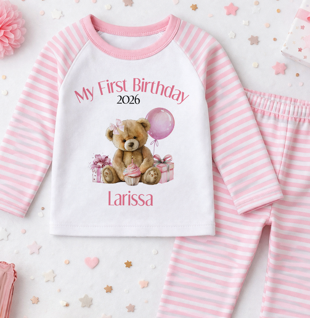 Personalised 1st birthday pyjamas, Teddy Pink Balloon My First Birthday design with name, pink and white striped