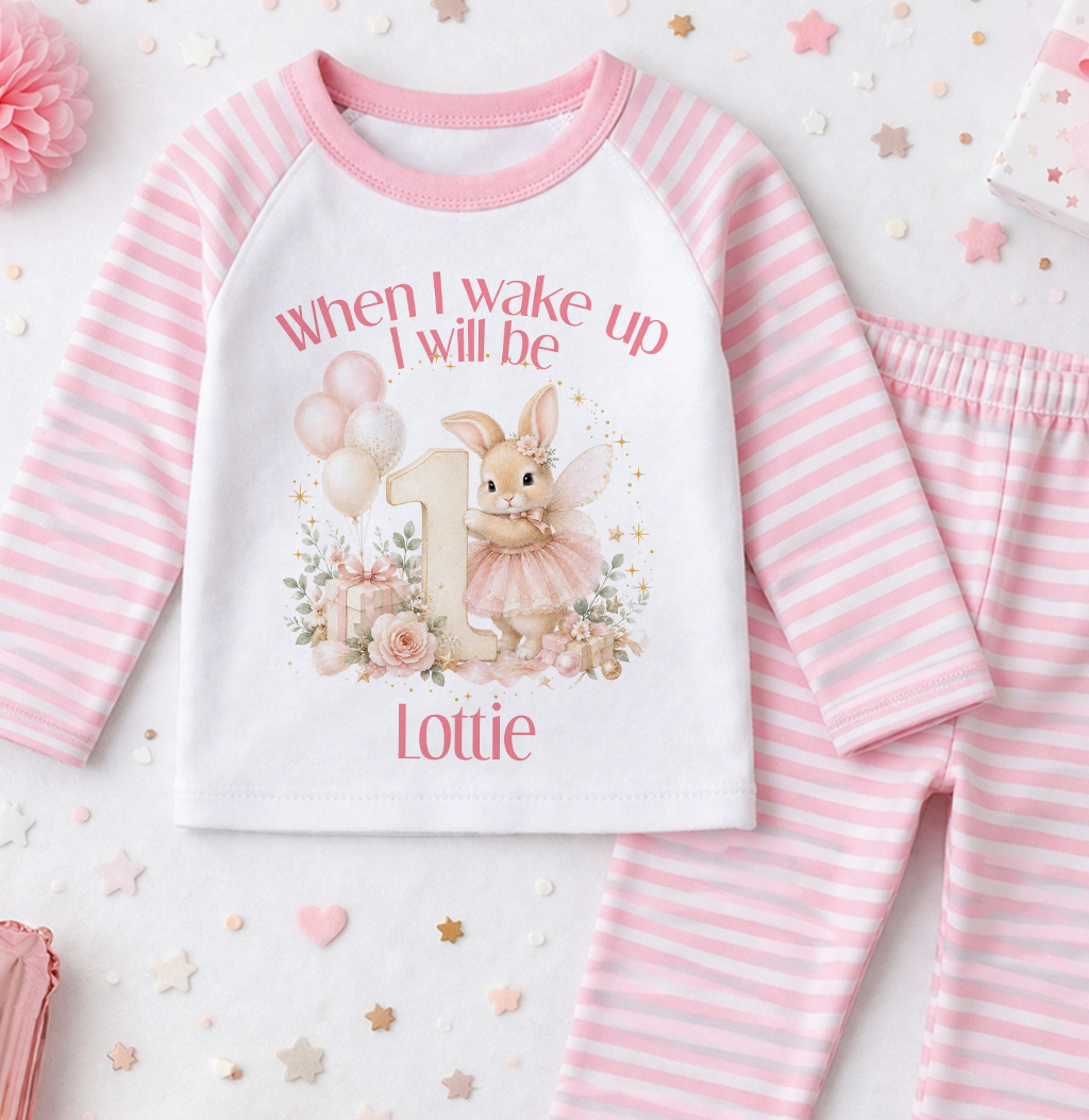 Personalised 1st birthday pyjamas, When I wake up I will be 1, Fairy Bunny Balloons design with name, pink and white stripe