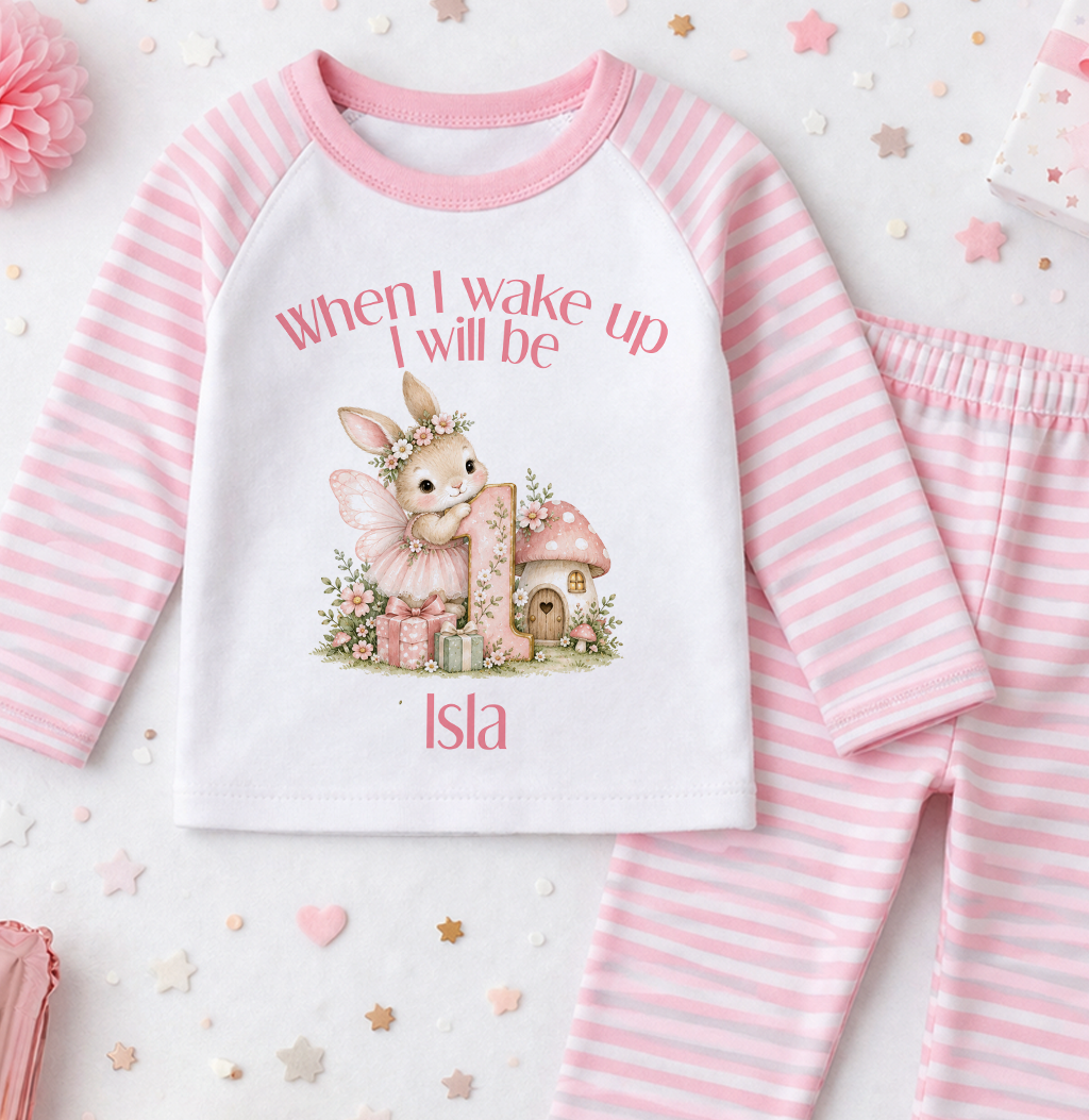 Personalised 1st birthday pyjamas, When I wake up I will be 1, Fairy Bunny Toadstool design with name, pink and white stripe