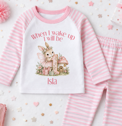 Personalised 1st birthday pyjamas, When I wake up I will be 1, Fairy Bunny Toadstool design with name, pink and white stripe