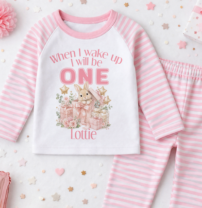 Personalised 1st birthday pyjamas, When I wake up I will be 1, Bunny Gift Box design with name, pink and white stripe