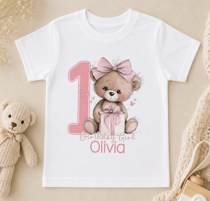 Personalised 1st birthday t-shirt, Teddy Bow and Present Birthday Girl design with name