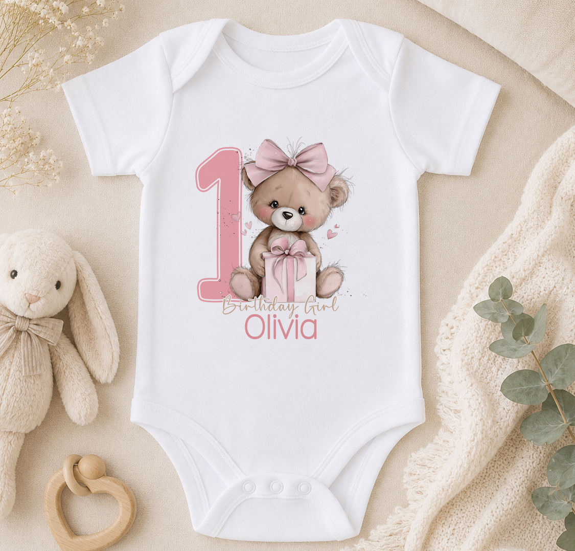 Personalised 1st birthday baby vest, Teddy Bow and Present Birthday Girl design with name