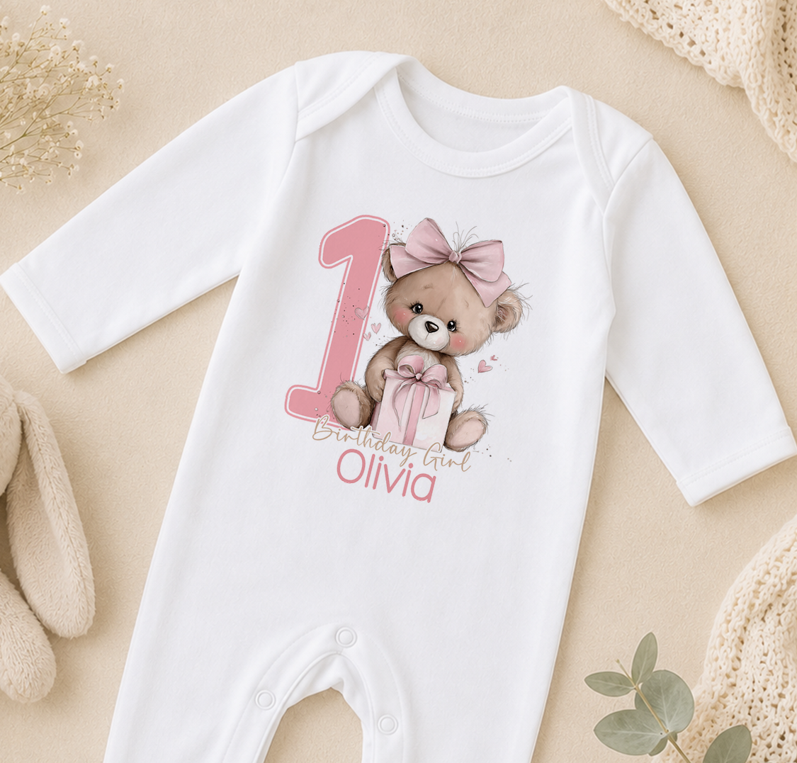 Personalised 1st birthday sleepsuit, Teddy Bow and Present Birthday Girl design with name