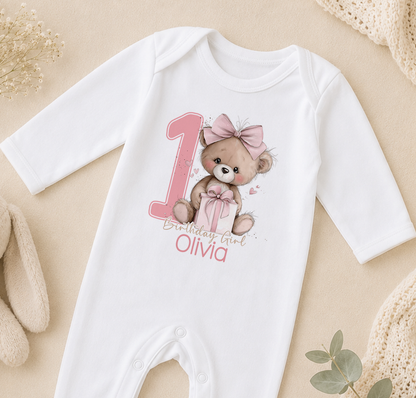 Personalised 1st birthday sleepsuit, Teddy Bow and Present Birthday Girl design with name