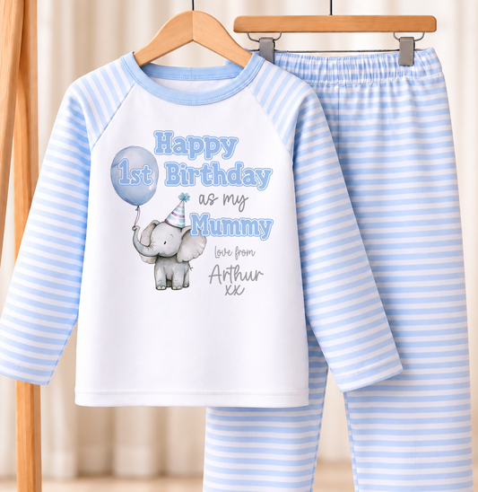 Personalised blue and white striped kids pyjamas with Happy 1st Birthday as my Mummy elephant design and a custom name printed on the front