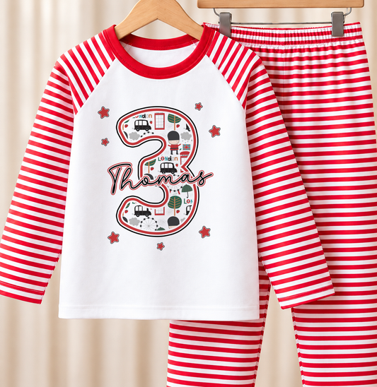Personalised red and white striped kids birthday pyjamas with London icons number design, name and age printed on the front