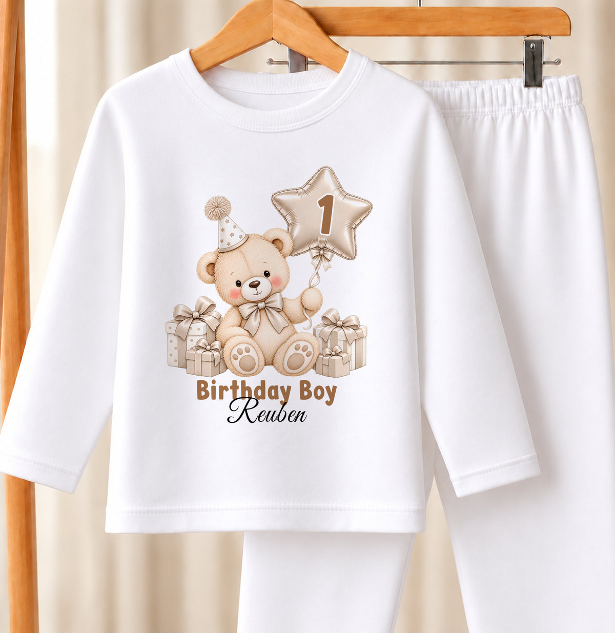 Personalised 1st birthday white pyjamas, beige teddy bear star balloon design with name
