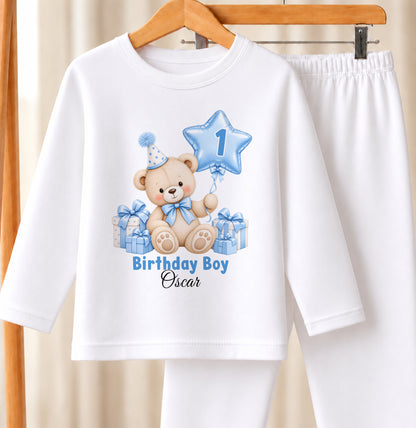 Personalised 1st birthday white pyjamas, blue teddy bear star balloon design with name