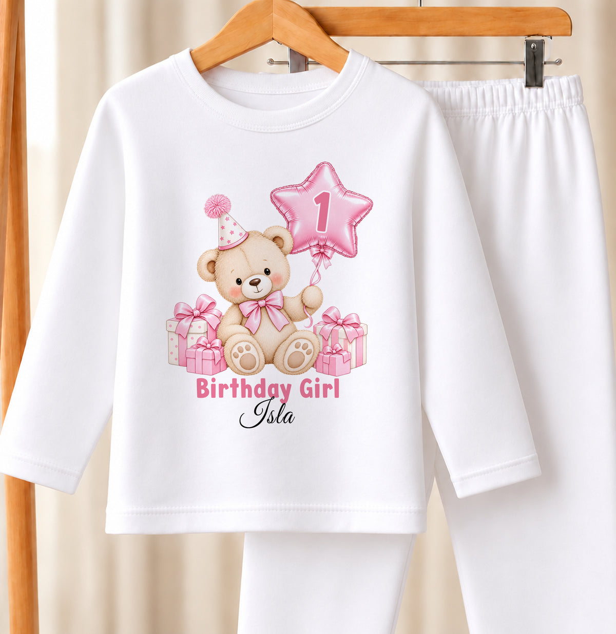 Personalised 1st birthday white pyjamas, pink teddy bear star balloon design with name