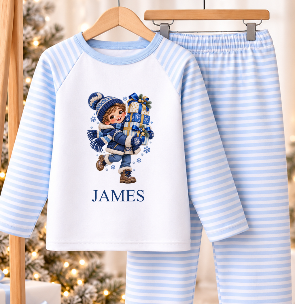 Personalised blue and white striped kids Christmas pyjamas with Boy with Presents design and a custom name printed on the front