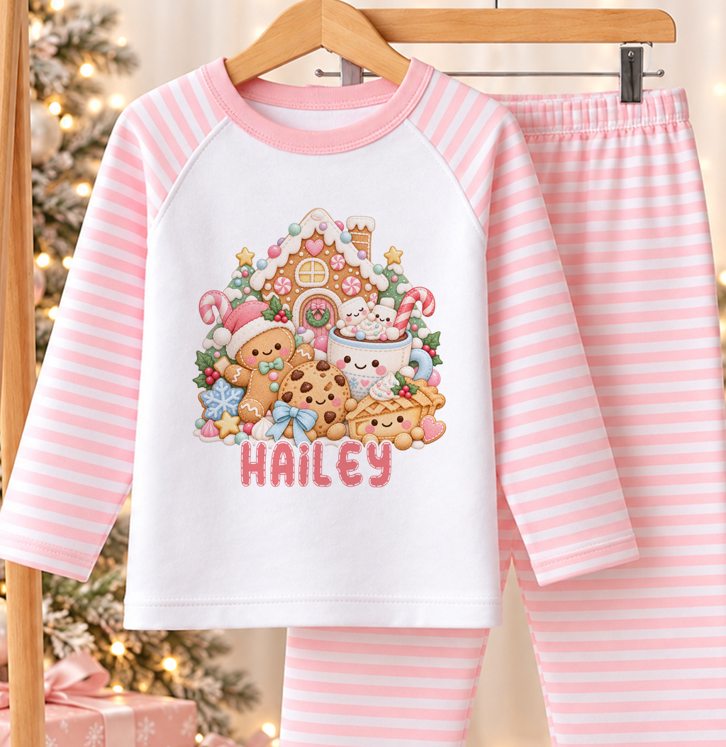 Gingerbread Treats personalised pink striped Christmas pyjamas hanging by the Christmas tree