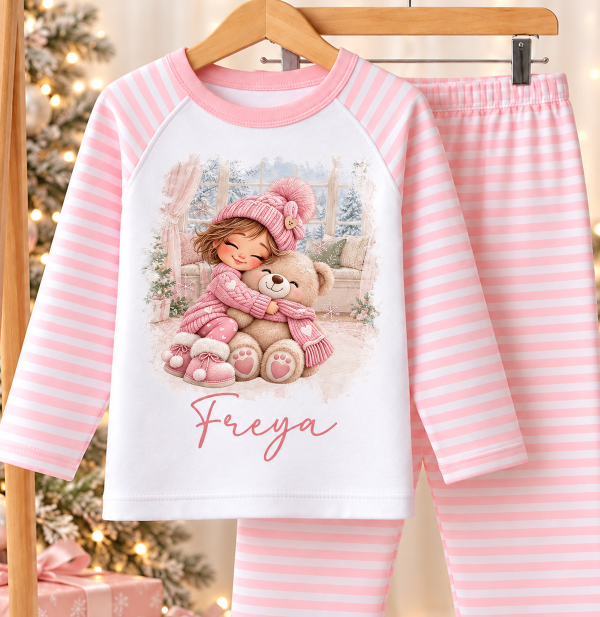 Girl Hugging Teddy personalised pink striped Christmas pyjamas hanging by the Christmas tree