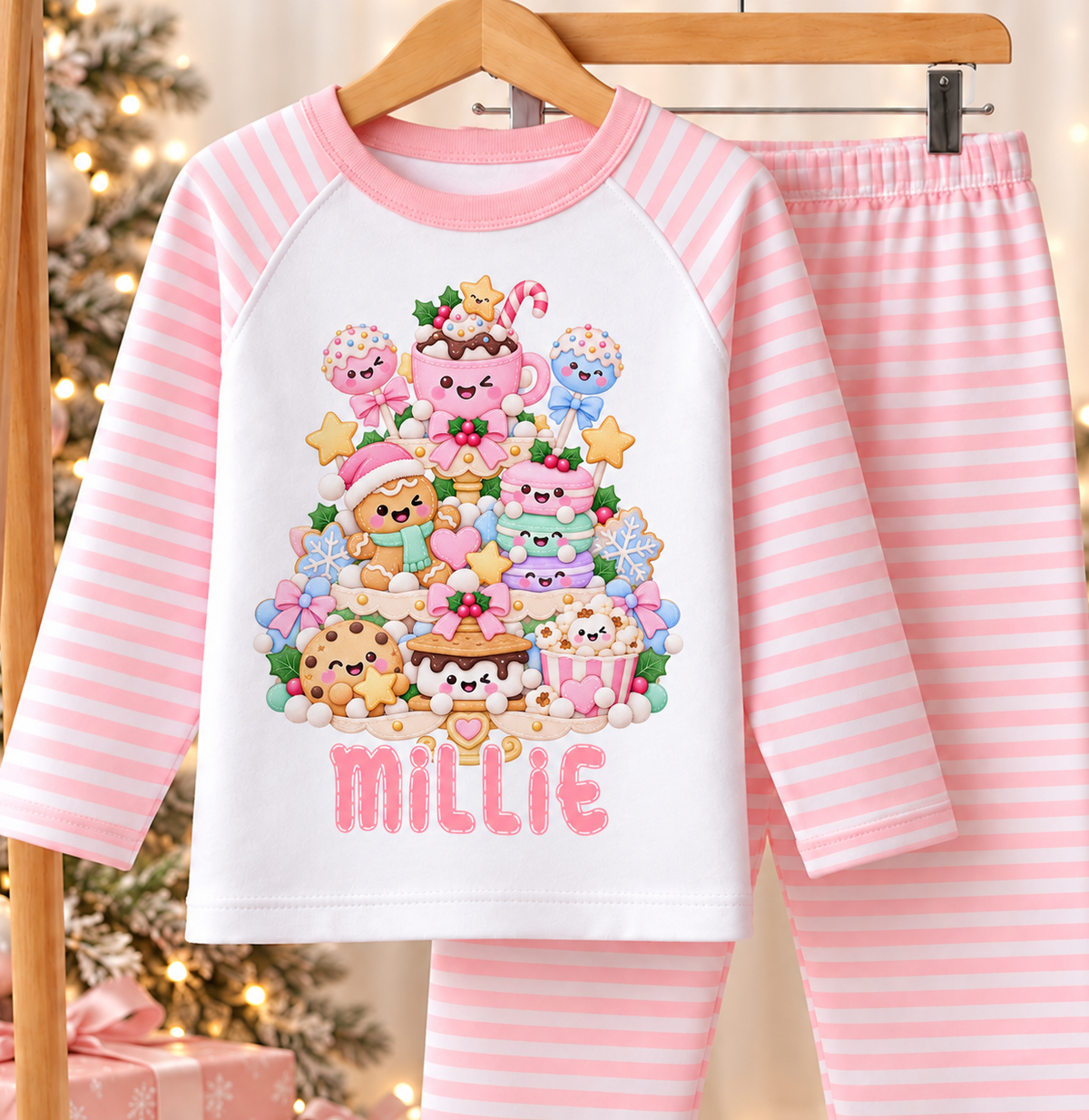 Sweet Treat Christmas Tree personalised pink striped Christmas pyjamas hanging by the Christmas tree