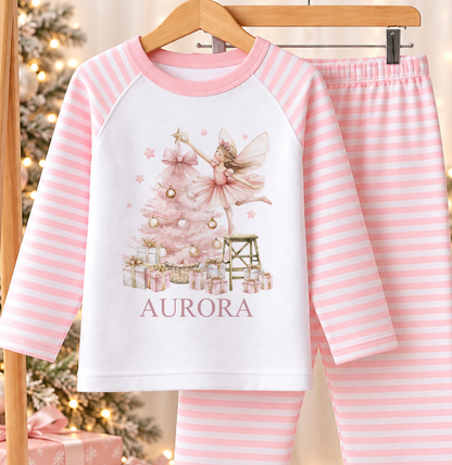 Personalised pink and white striped kids Christmas pyjamas with Sugar Plum Fairy design and a custom name printed on the front