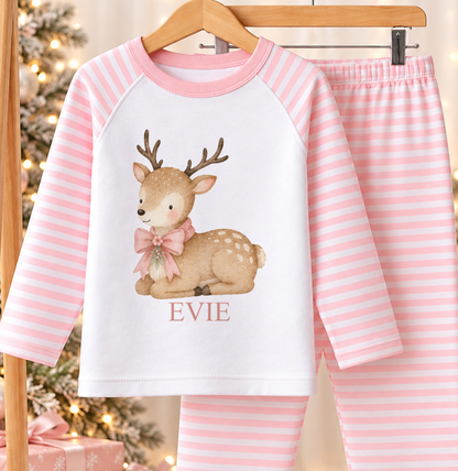 Personalised pink and white striped kids Christmas pyjamas with Sweet Fawn design and a custom name printed on the front