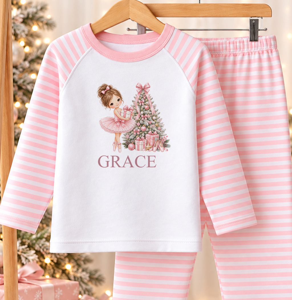 Personalised pink and white striped kids Christmas pyjamas with Pink Tree Ballerina design and a custom name printed on the front