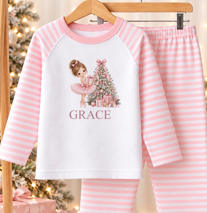 Personalised pink and white striped kids Christmas pyjamas with Pink Tree Ballerina design and a custom name printed on the front