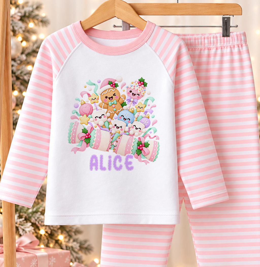 Personalised pink and white striped kids Christmas pyjamas with Kawaii Christmas Cracker design and a custom name printed on the front