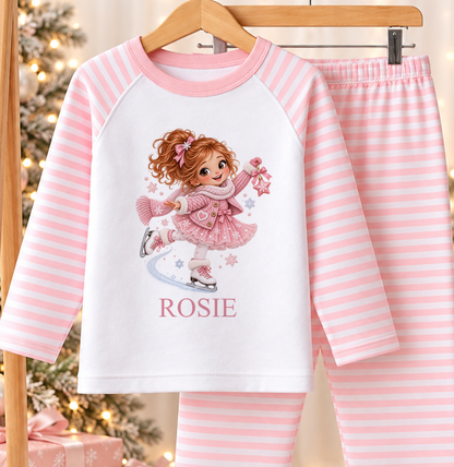 Personalised pink and white striped kids Christmas pyjamas with Ice Skating Girl design and a custom name printed on the front