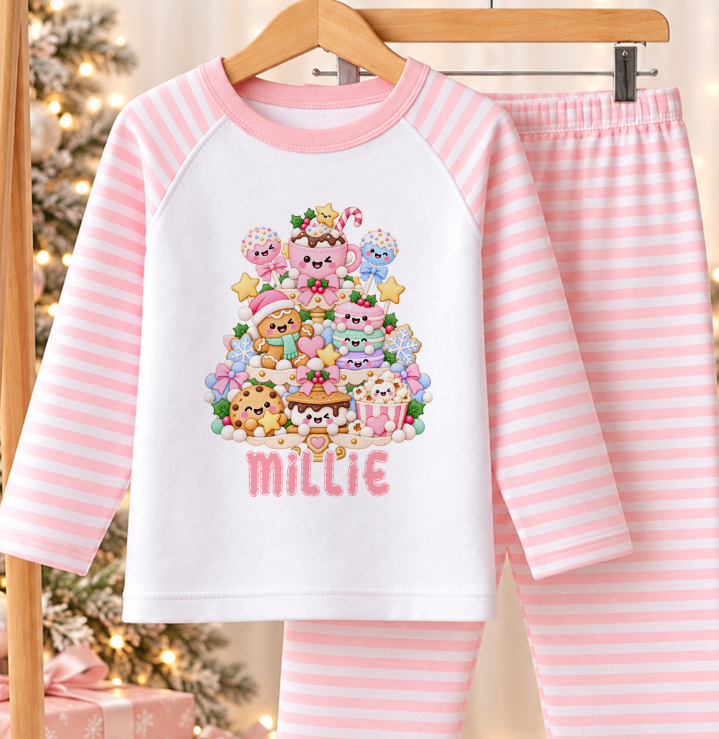 Personalised pink and white striped kids Christmas pyjamas with Sweet Treat Christmas Tree design and a custom name printed on the front