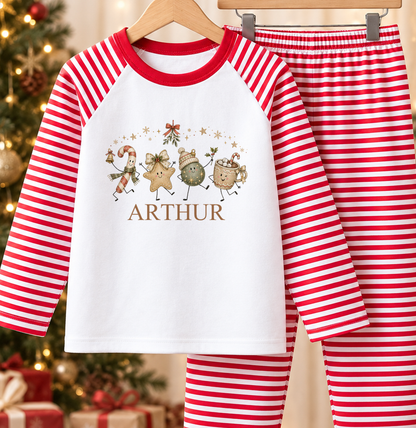 Personalised red and white striped kids Christmas pyjamas with Festive Friends design and a custom name printed on the front
