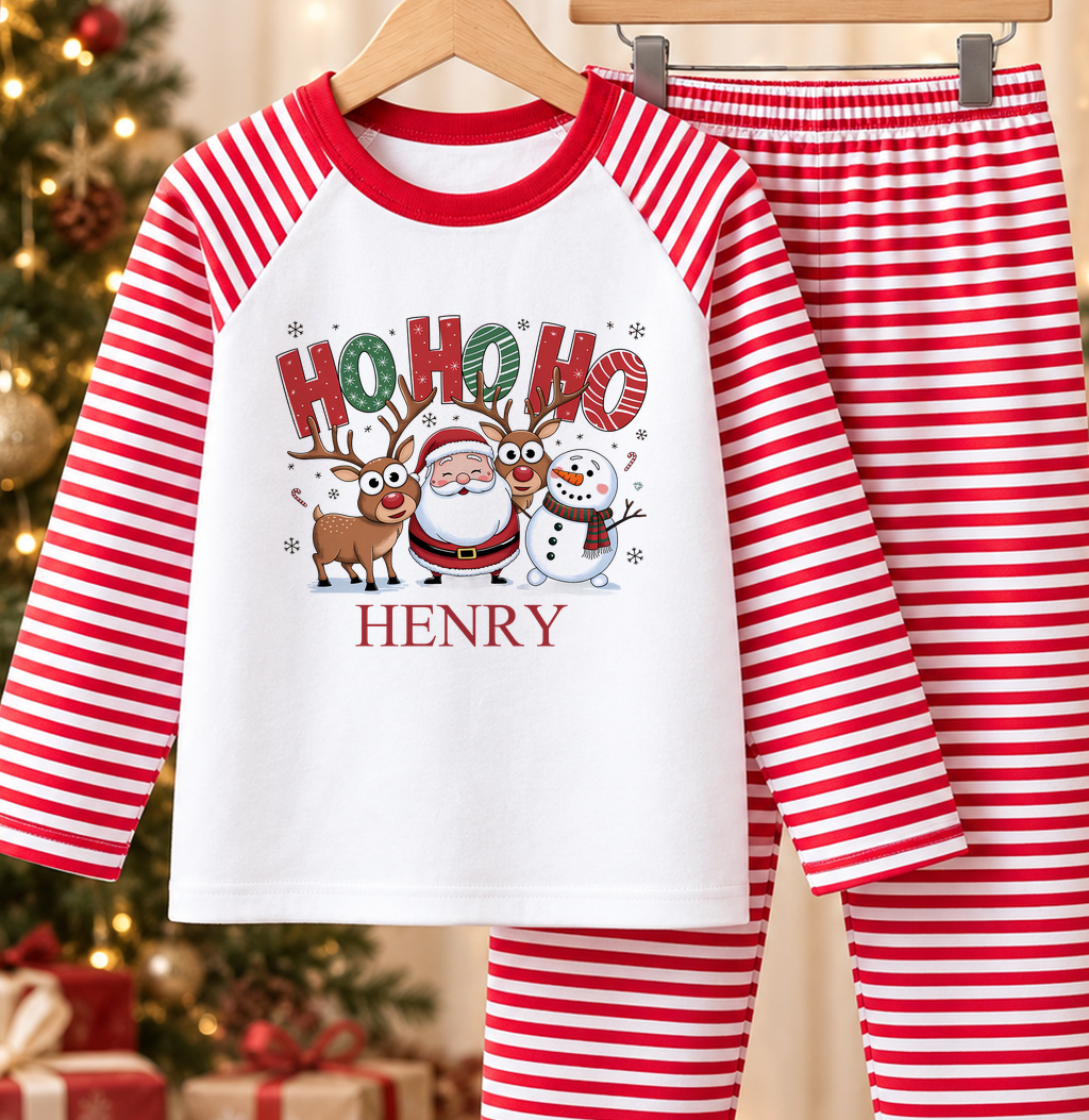 Personalised red and white striped kids Christmas pyjamas with Ho Ho Ho design – name example in classic lettering