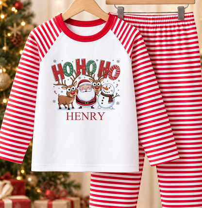 Personalised red and white striped kids Christmas pyjamas with Ho Ho Ho design – name example in classic lettering