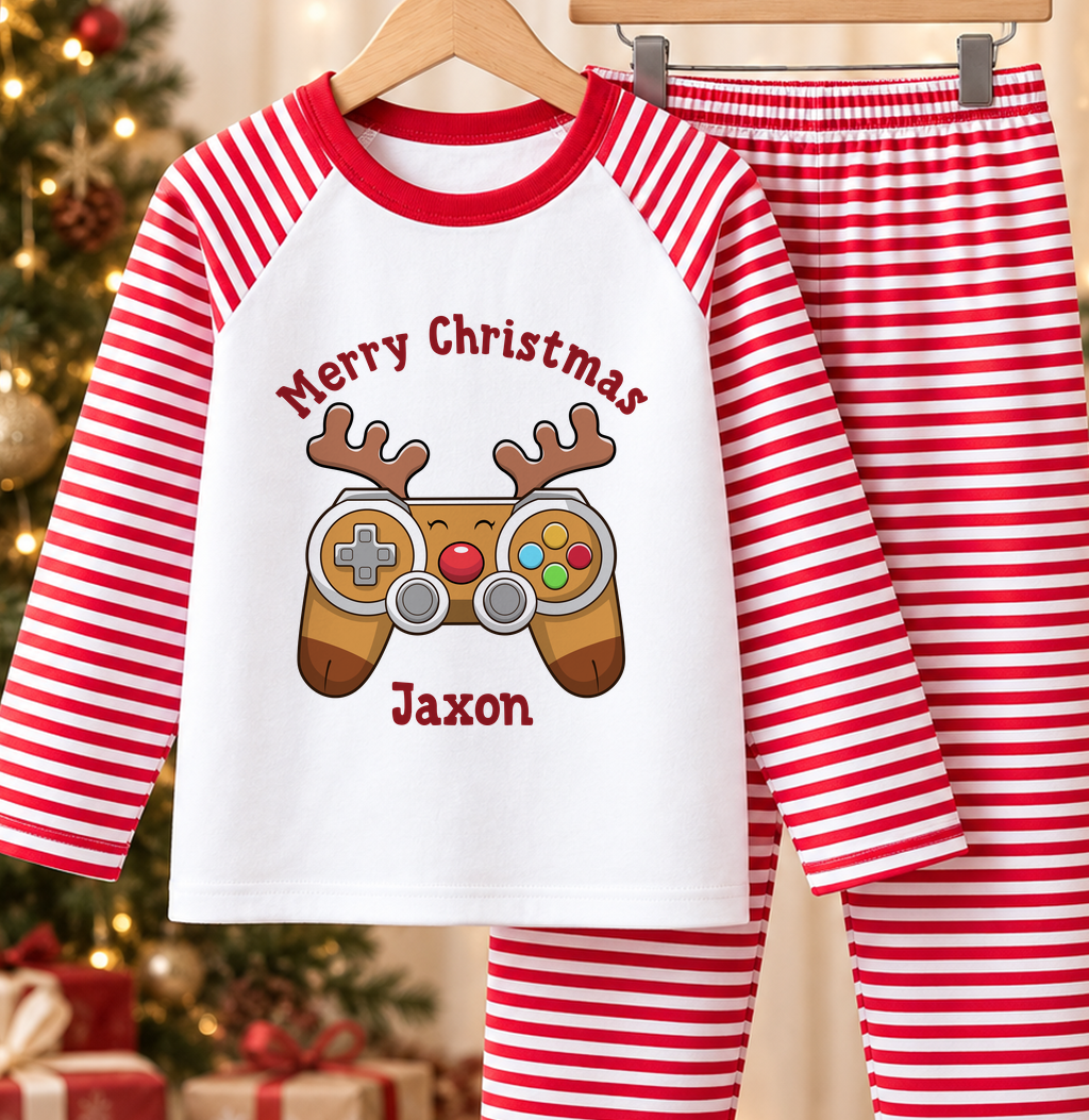 Personalised red and white striped kids Christmas pyjamas with Reindeer Gamer design and a custom name printed on the front