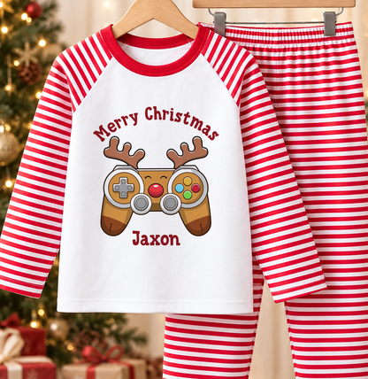 Personalised red and white striped kids Christmas pyjamas with Reindeer Gamer design and a custom name printed on the front