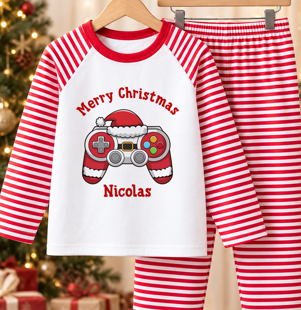 Personalised red and white striped kids Christmas pyjamas with Santa Gamer design and a custom name printed on the front
