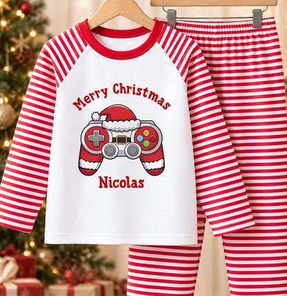 Personalised red and white striped kids Christmas pyjamas with Santa Gamer design and a custom name printed on the front
