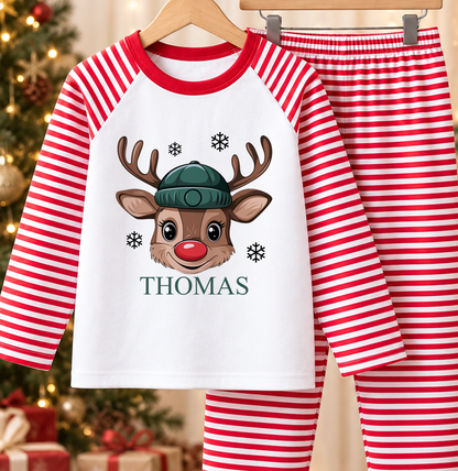 Personalised red and white striped kids Christmas pyjamas with Reindeer Face Beanie design and a custom name printed on the front