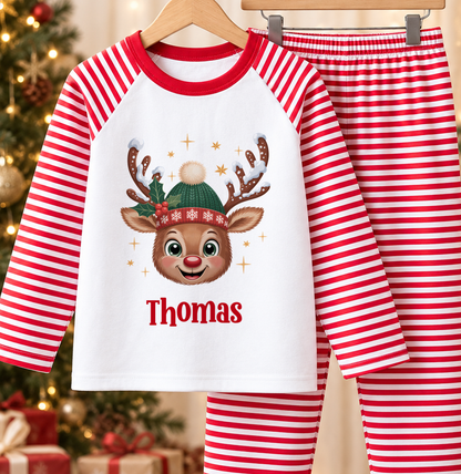 Personalised red and white striped kids Christmas pyjamas with Winter Hat Reindeer design and a custom name printed on the front
