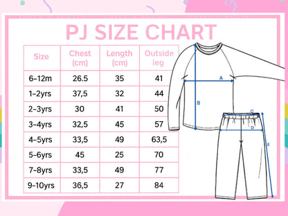 PJ size chart for personalised pyjamas