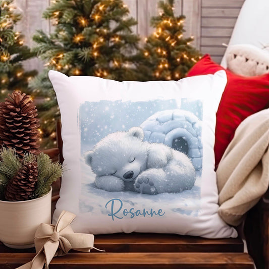 Personalised Polar Bear Christmas cushion cover in soft off-white fabric with zip closure, printed with a custom name, 40x40cm size